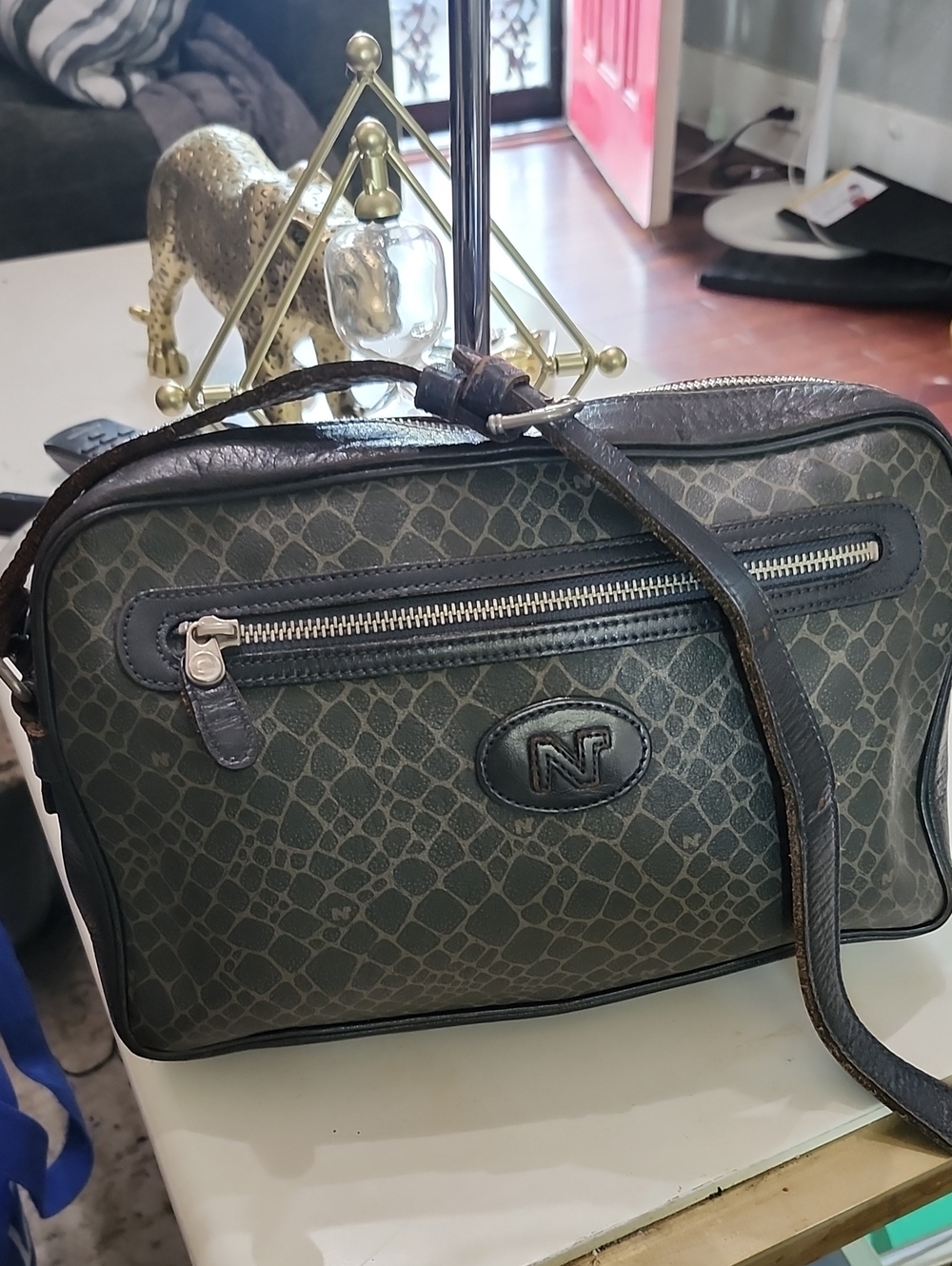Nina Ricci Gray Leather Shoulder bag w/Logo Vintage Charcoal Coated Canvas